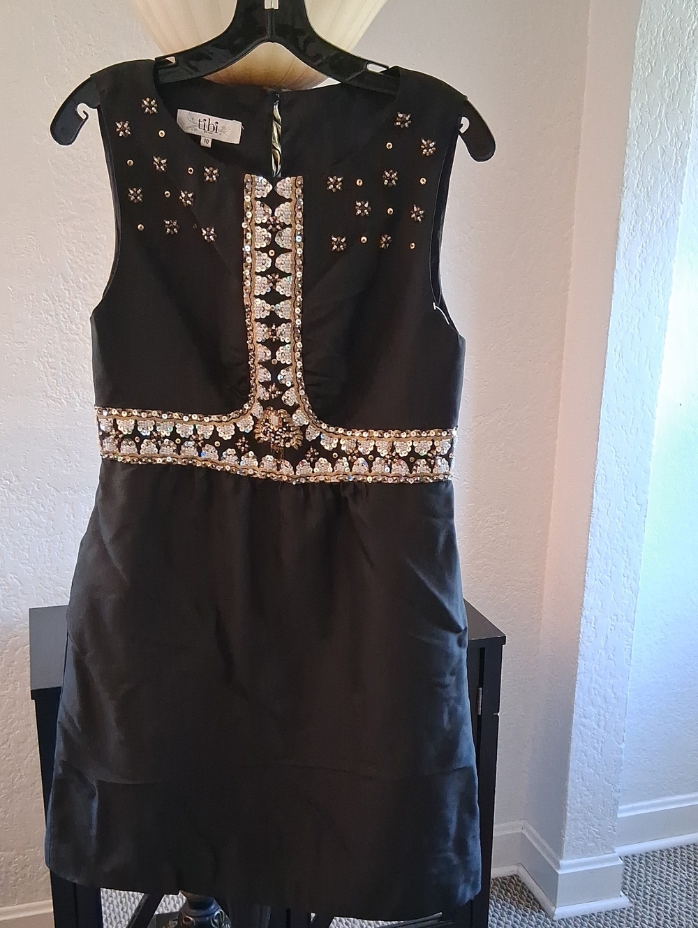 Tibi Black Mini Dress with Gold & Silver Embellished Waist With Pockets